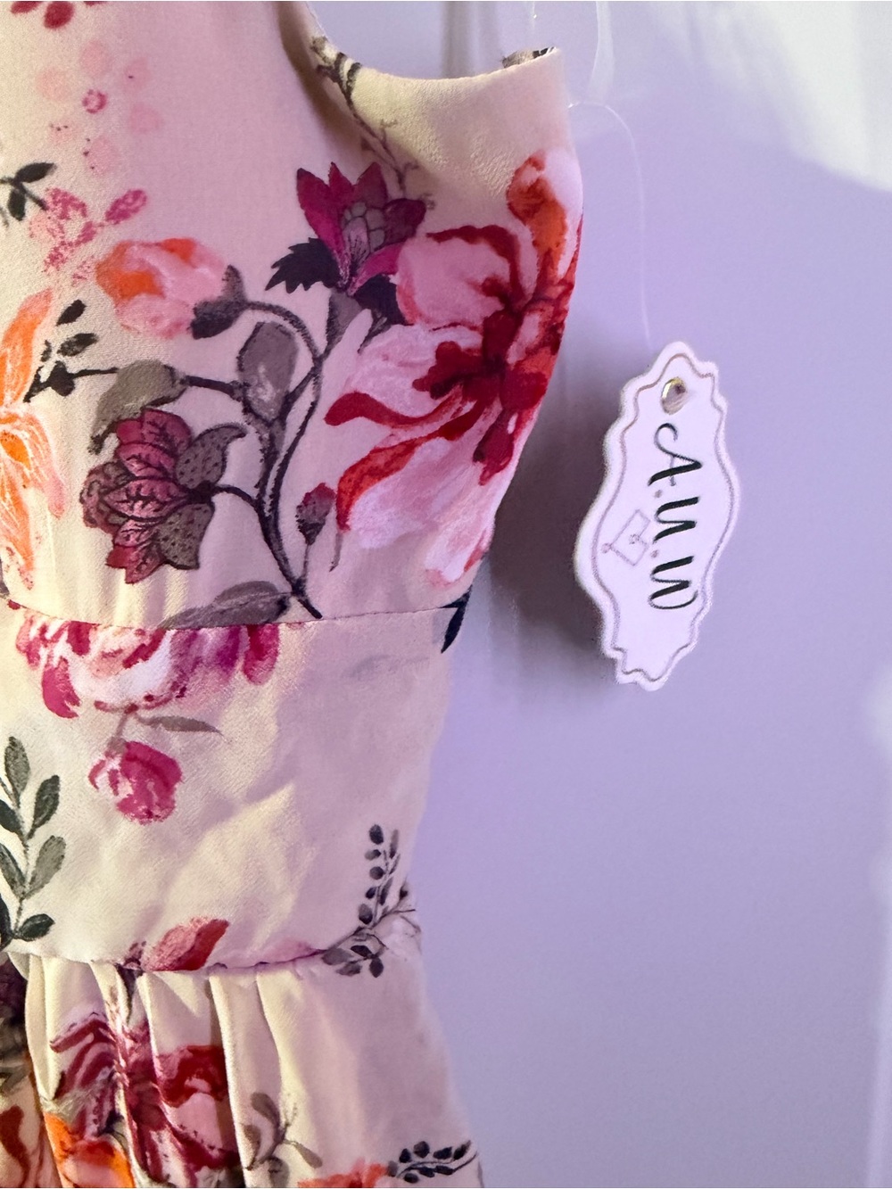A.W.W Floral Tie-Neck Blouse in Cream with Pink & Orange Blooms- medium - Picture 8 of 10